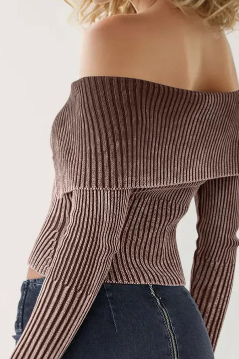 Ribbed Off-Shoulder Zip Up Long Sleeve Cardigan