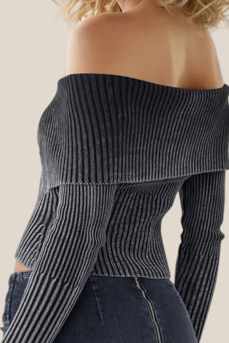 Ribbed Off-Shoulder Zip Up Long Sleeve Cardigan