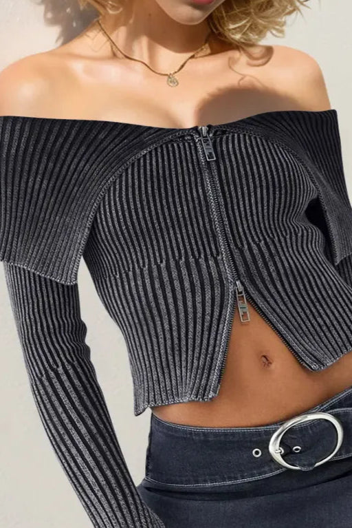 Ribbed Off-Shoulder Zip Up Long Sleeve Cardigan