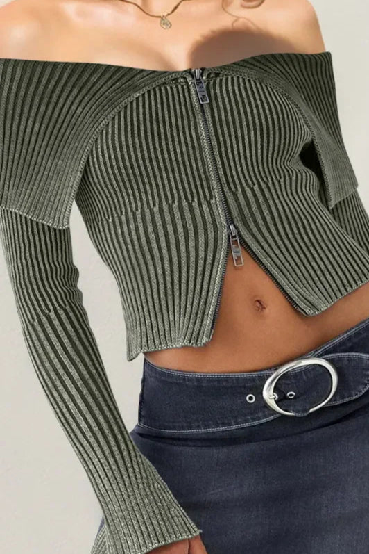 Ribbed Off-Shoulder Zip Up Long Sleeve Cardigan