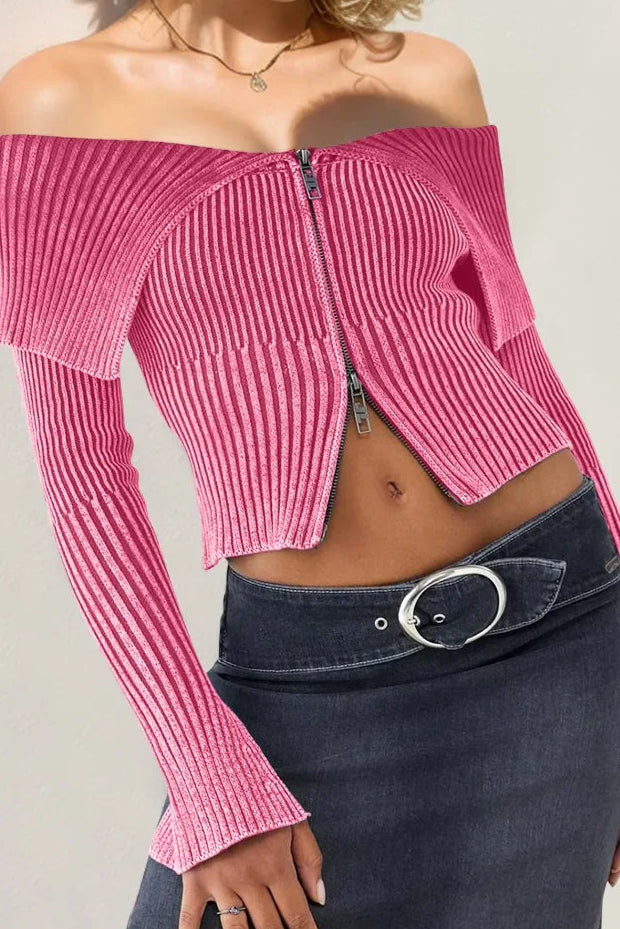 Ribbed Off-Shoulder Zip Up Long Sleeve Cardigan